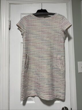 LOFT Cream Multi-Striped Short Sleeve Shift Dress